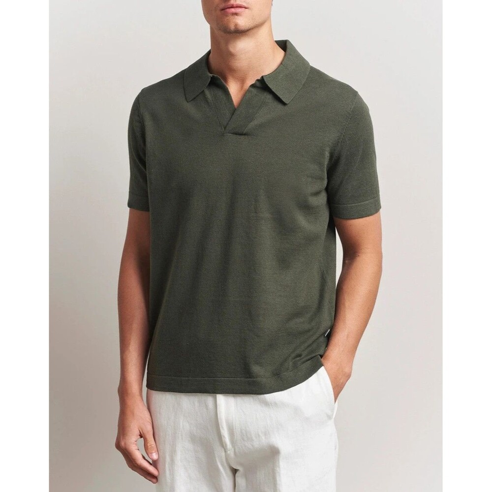 NN07 Polo Shirt Mens Small Croc Green V-Neck Linen Cotton RYAN $165